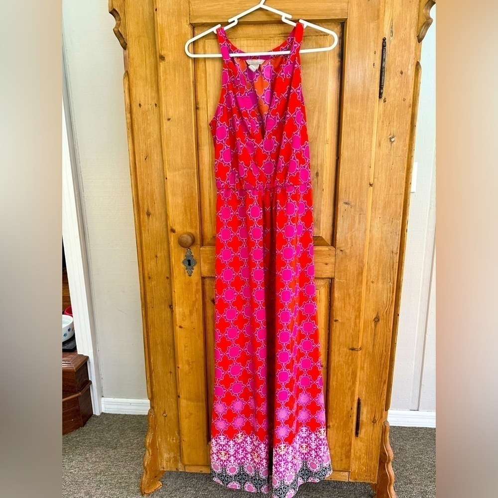 Banana Republic Dress Sleeveless Maxi Pink Orange Geometric Pattern Size 2